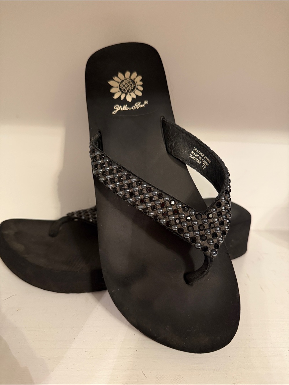 Yellow Box Black Jeweled Wedge Sandals